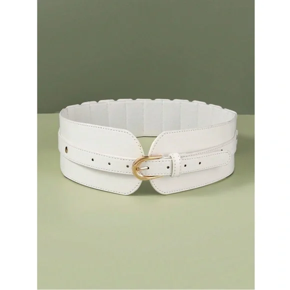 PU Wide White Belt Gold Tone Buckle - Picture 2 of 5